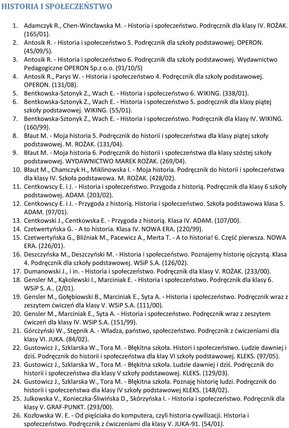 - Historia i społeczeństwo 4. Podręcznik dla szkoły podstawowej. OPERON. (131/08). 5. Bentkowska-Sztonyk Z., Wach E. - Historia i społeczeństwo 6. WIKING. (338/01). 6. Bentkowska-Sztonyk Z., Wach E. - Historia i społeczeństwo 5.