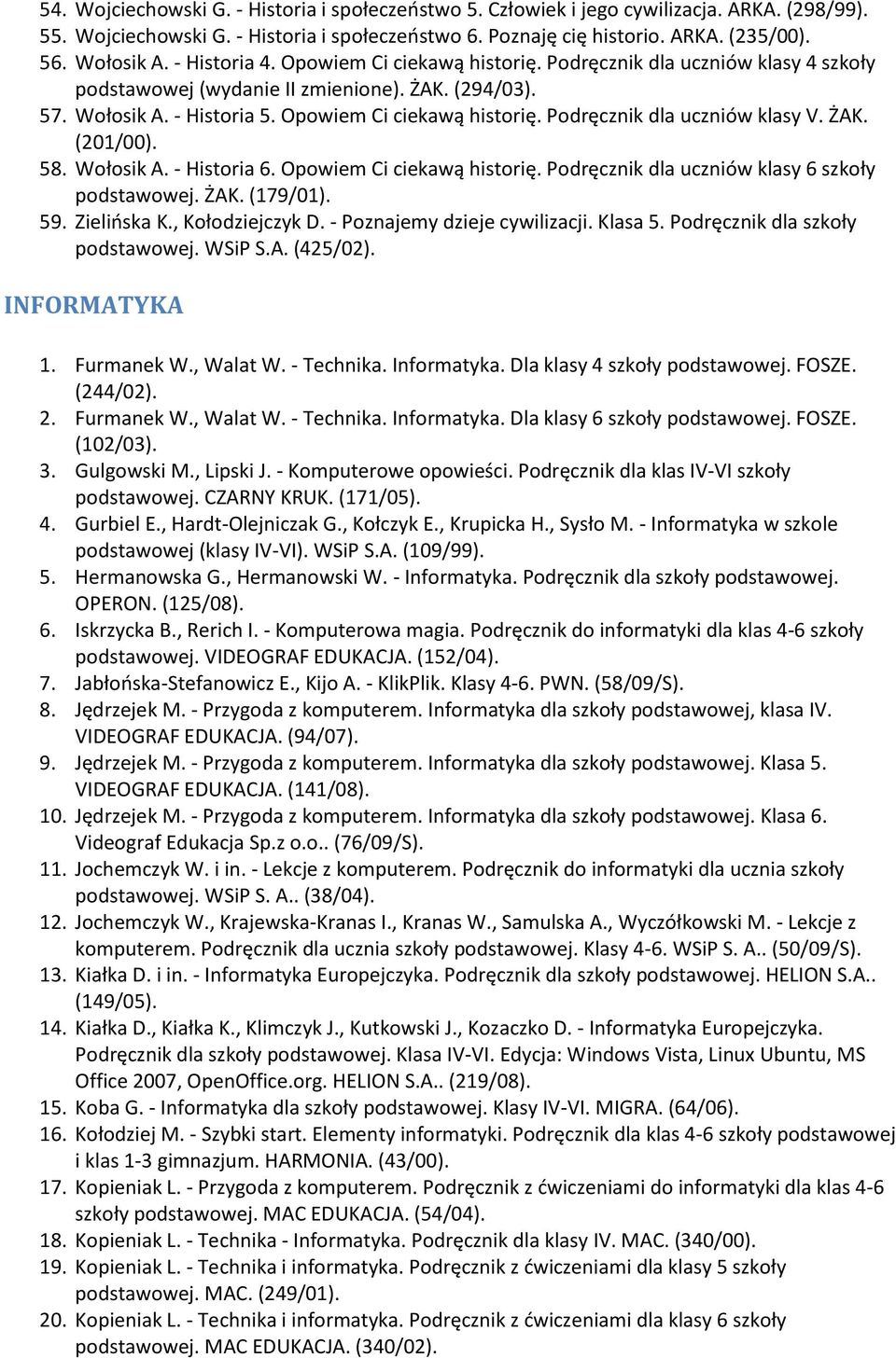 ŻAK. (201/00). 58. Wołosik A. - Historia 6. Opowiem Ci ciekawą historię. Podręcznik dla uczniów klasy 6 szkoły podstawowej. ŻAK. (179/01). 59. Zielińska K., Kołodziejczyk D.