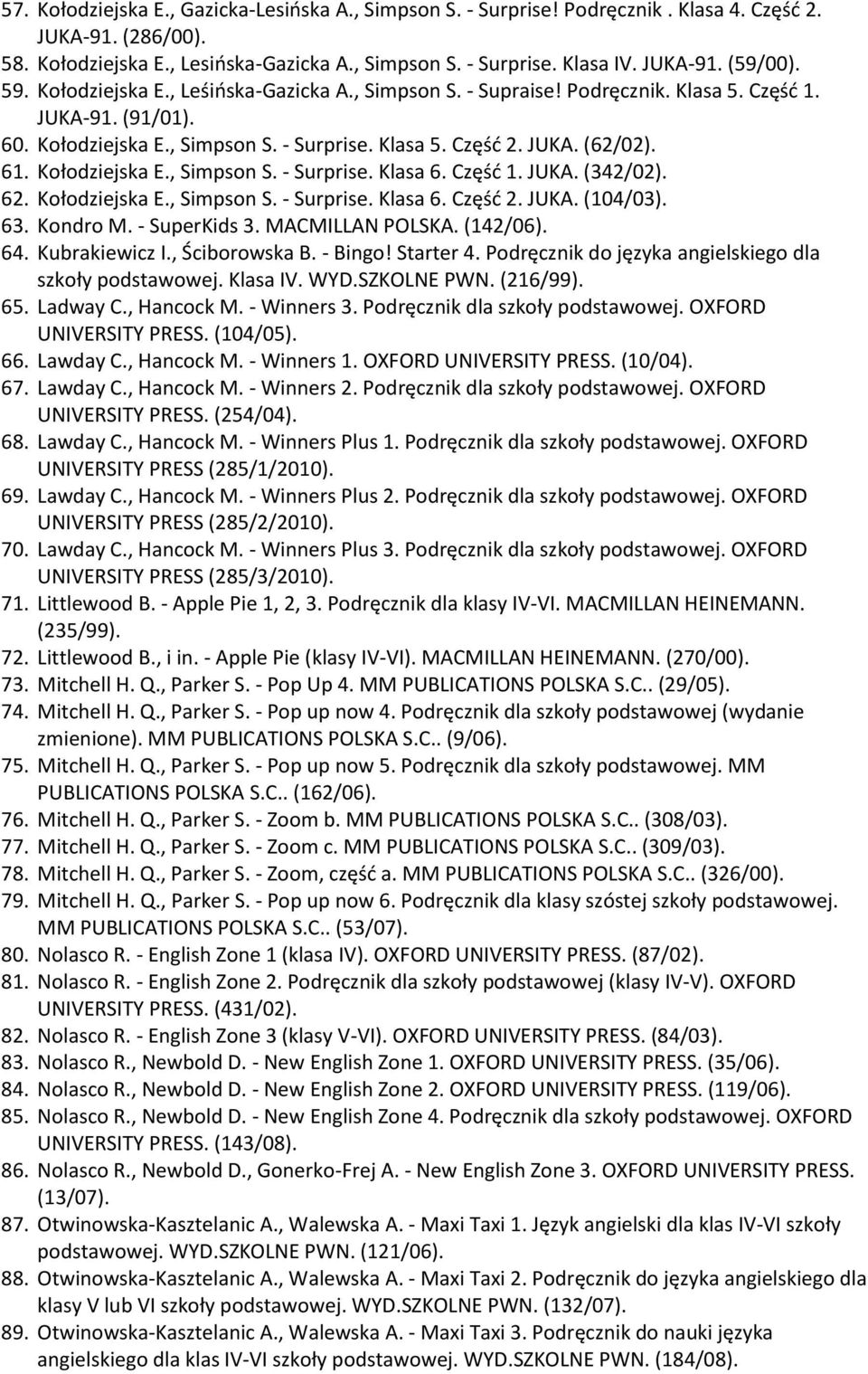 Kołodziejska E., Simpson S. - Surprise. Klasa 6. Część 1. JUKA. (342/02). 62. Kołodziejska E., Simpson S. - Surprise. Klasa 6. Część 2. JUKA. (104/03). 63. Kondro M. - SuperKids 3. MACMILLAN POLSKA.