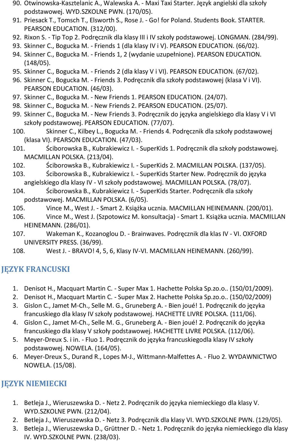 - Friends 1 (dla klasy IV i V). PEARSON EDUCATION. (66/02). 94. Skinner C., Bogucka M. - Friends 1, 2 (wydanie uzupełnione). PEARSON EDUCATION. (148/05). 95. Skinner C., Bogucka M. - Friends 2 (dla klasy V i VI).