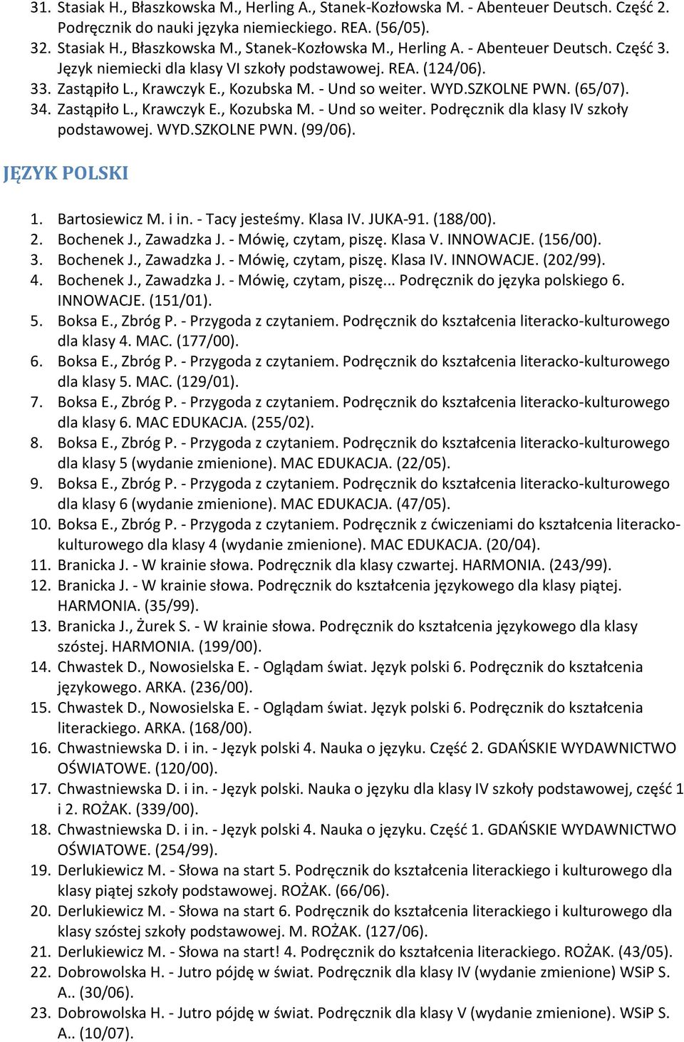 WYD.SZKOLNE PWN. (99/06). JĘZYK POLSKI 1. Bartosiewicz M. i in. - Tacy jesteśmy. Klasa IV. JUKA-91. (188/00). 2. Bochenek J., Zawadzka J. - Mówię, czytam, piszę. Klasa V. INNOWACJE. (156/00). 3.