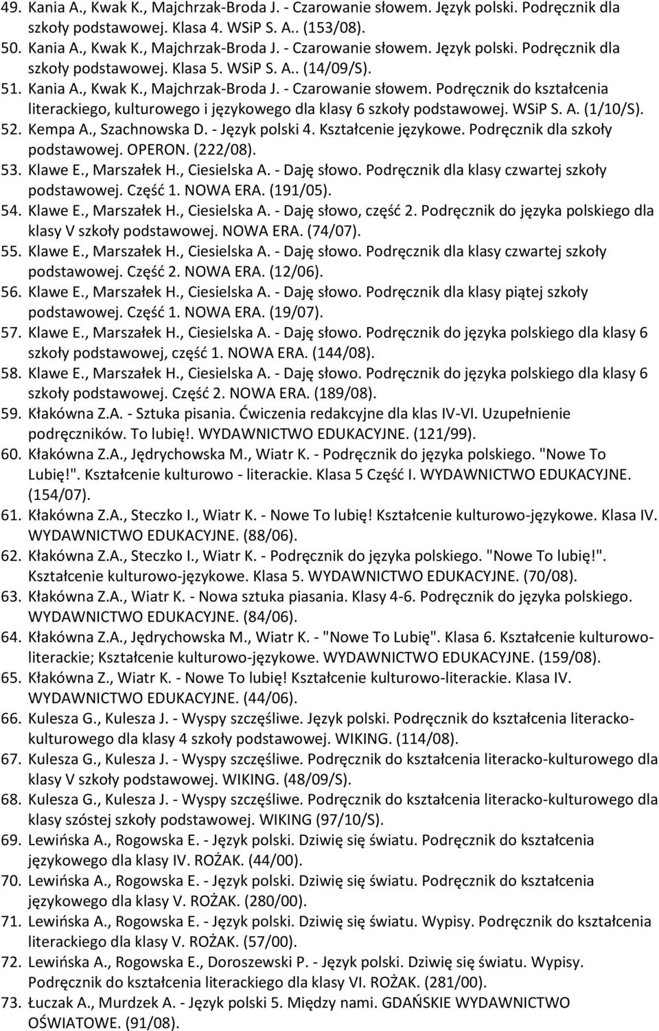 52. Kempa A., Szachnowska D. - Język polski 4. Kształcenie językowe. Podręcznik dla szkoły podstawowej. OPERON. (222/08). 53. Klawe E., Marszałek H., Ciesielska A. - Daję słowo.