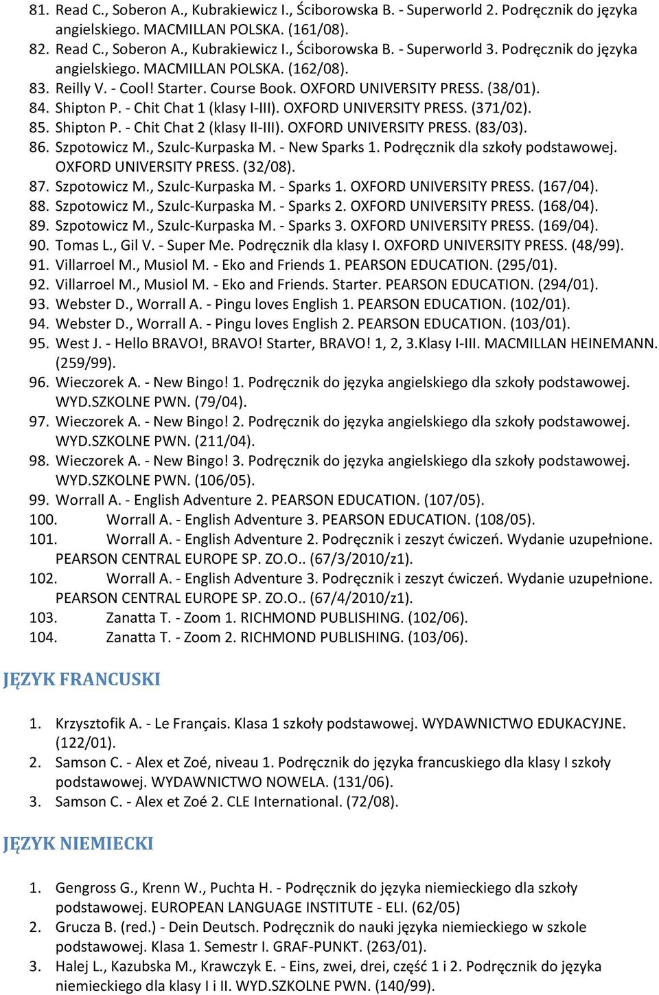 OXFORD UNIVERSITY PRESS. (371/02). 85. Shipton P. - Chit Chat 2 (klasy II-III). OXFORD UNIVERSITY PRESS. (83/03). 86. Szpotowicz M., Szulc-Kurpaska M. - New Sparks 1.