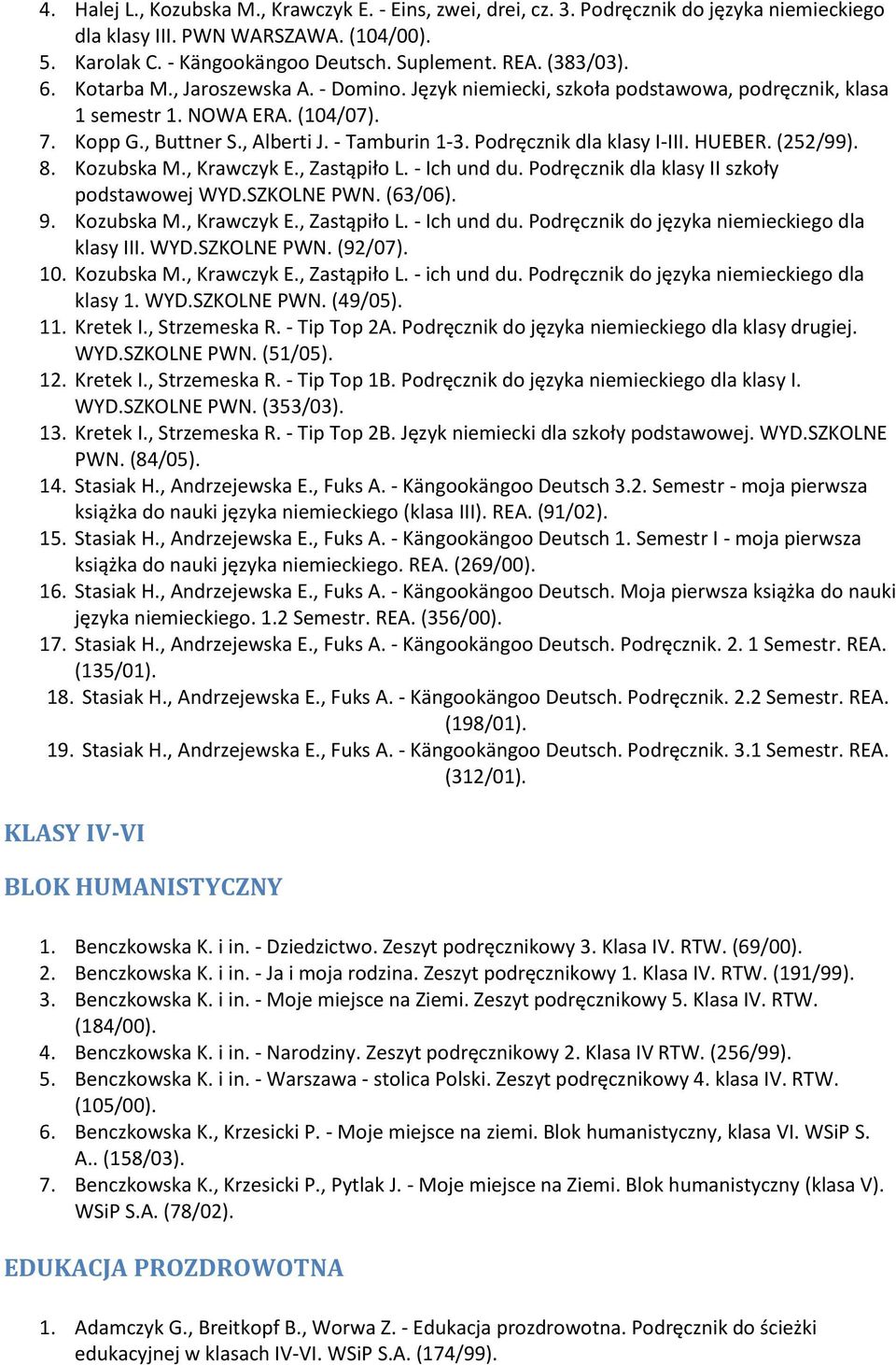 Podręcznik dla klasy I-III. HUEBER. (252/99). 8. Kozubska M., Krawczyk E., Zastąpiło L. - Ich und du. Podręcznik dla klasy II szkoły podstawowej WYD.SZKOLNE PWN. (63/06). 9. Kozubska M., Krawczyk E., Zastąpiło L. - Ich und du. Podręcznik do języka niemieckiego dla klasy III.