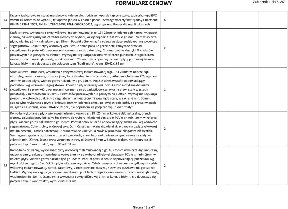 Wymagany certyfikat zgodny z normami PN-EN 79-:007, PN-EN 79-:007, PN-F-06009:00, wg programu Procer dla mebli szkolnych Szafa aktowa, wykonana z płyty wiórowej melaminowanej o gr.