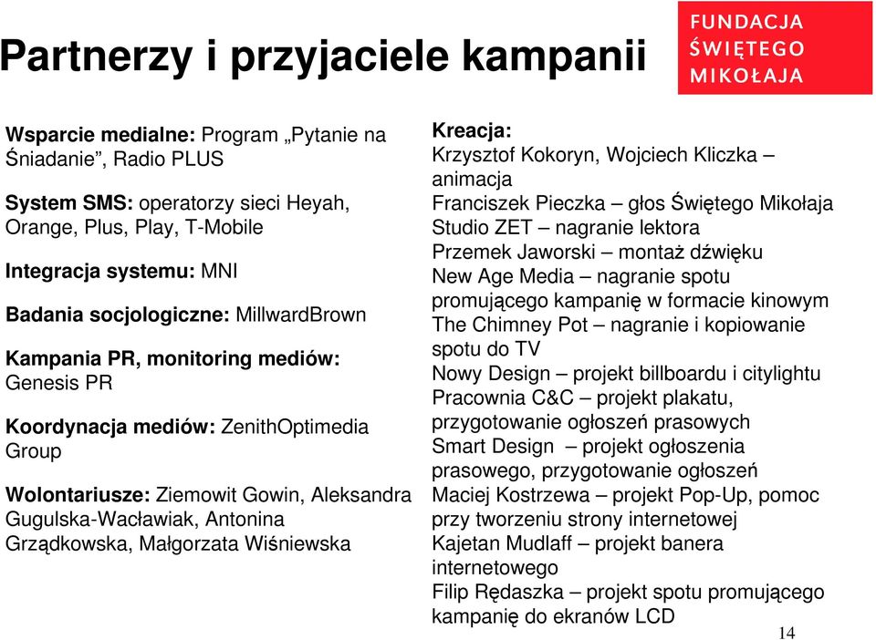 Małgorzata Wiśniewska Kreacja: Krzysztof Kokoryn, Wojciech Kliczka animacja Franciszek Pieczka głos Świętego Mikołaja Studio ZET nagranie lektora Przemek Jaworski montaż dźwięku New Age Media