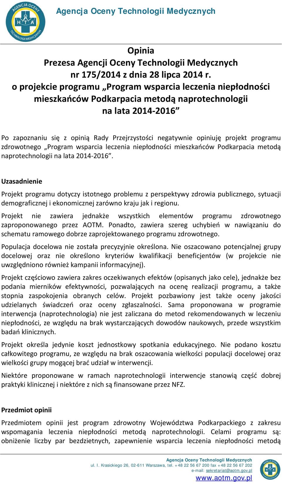 projekt programu zdrowotnego Program wsparcia leczenia niepłodności mieszkańców Podkarpacia metodą naprotechnologii na lata 2014-2016.