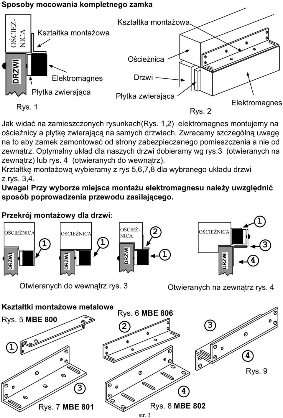 Zwracamy szczególn¹ uwagê na to aby zamek zamontowaæ od strony zabezpieczanego pomieszczenia a nie od zewn¹trz. Optymalny uk³ad dla naszych drzwi dobieramy wg rys.3 (otwieranych na zewn¹trz) lub rys.