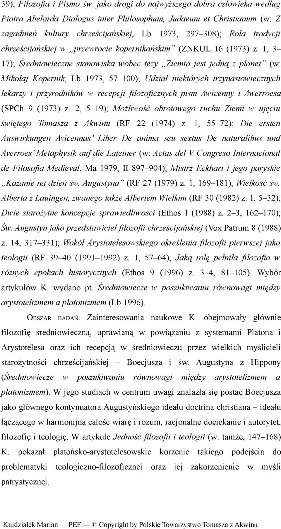 chrześcijańskiej w przewrocie kopernikańskim (ZNKUL 16 (1973) z.