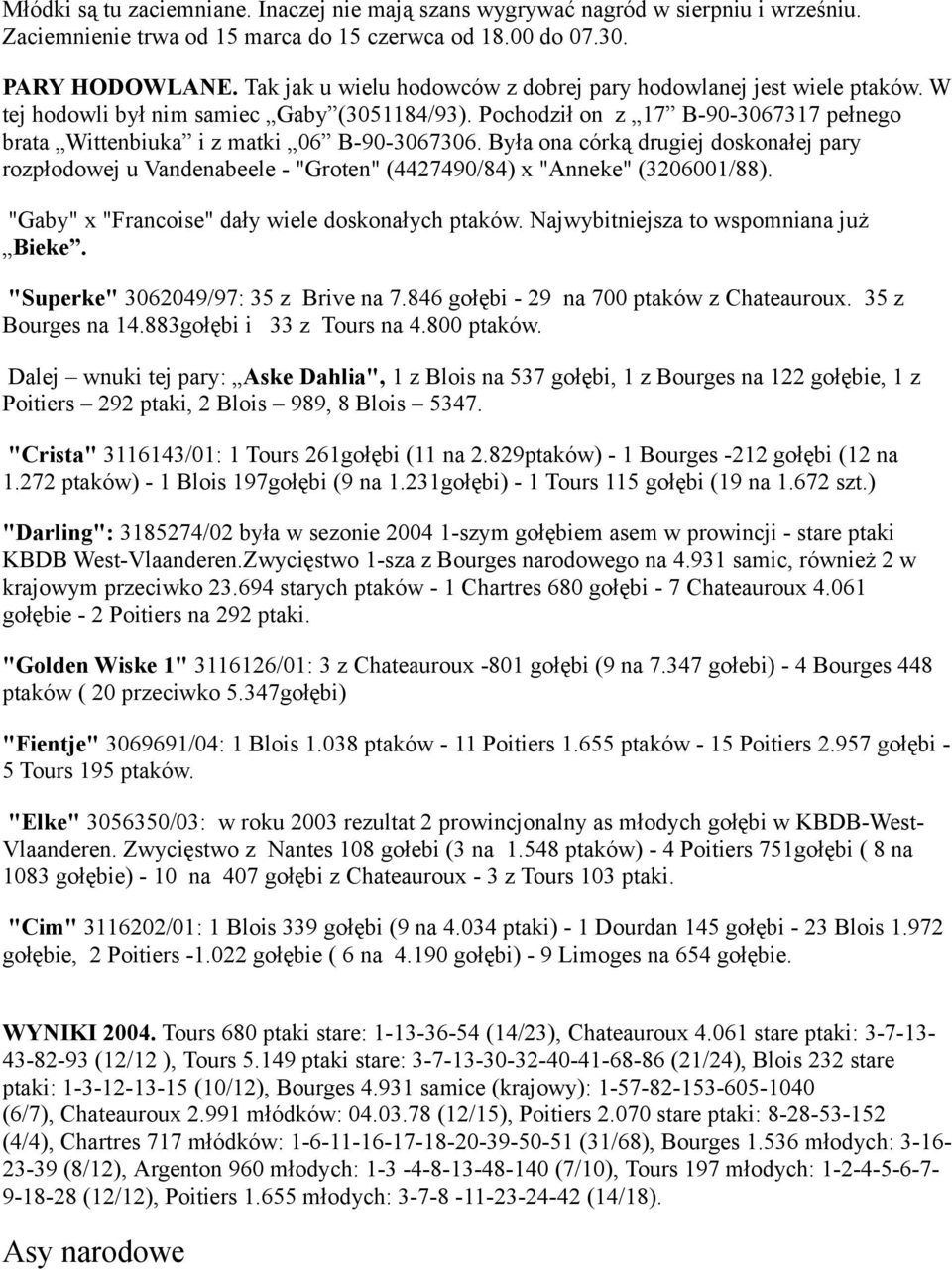 Była ona córką drugiej doskonałej pary rozpłodowej u Vandenabeele - "Groten" (4427490/84) x "Anneke" (3206001/88). "Gaby" x "Francoise" dały wiele doskonałych ptaków.