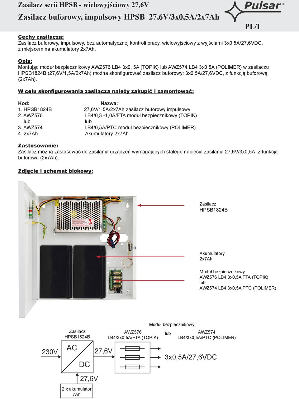 27,6V/1,5A/2x zasilacz buforowy impulsowy 2. AWZ576 LB4/0,3-1,0A/FTA moduł bezpiecznikowy (TOPIK) 3. AWZ574 LB4/0,5A/PTC moduł bezpiecznikowy (POLIMER) 4.