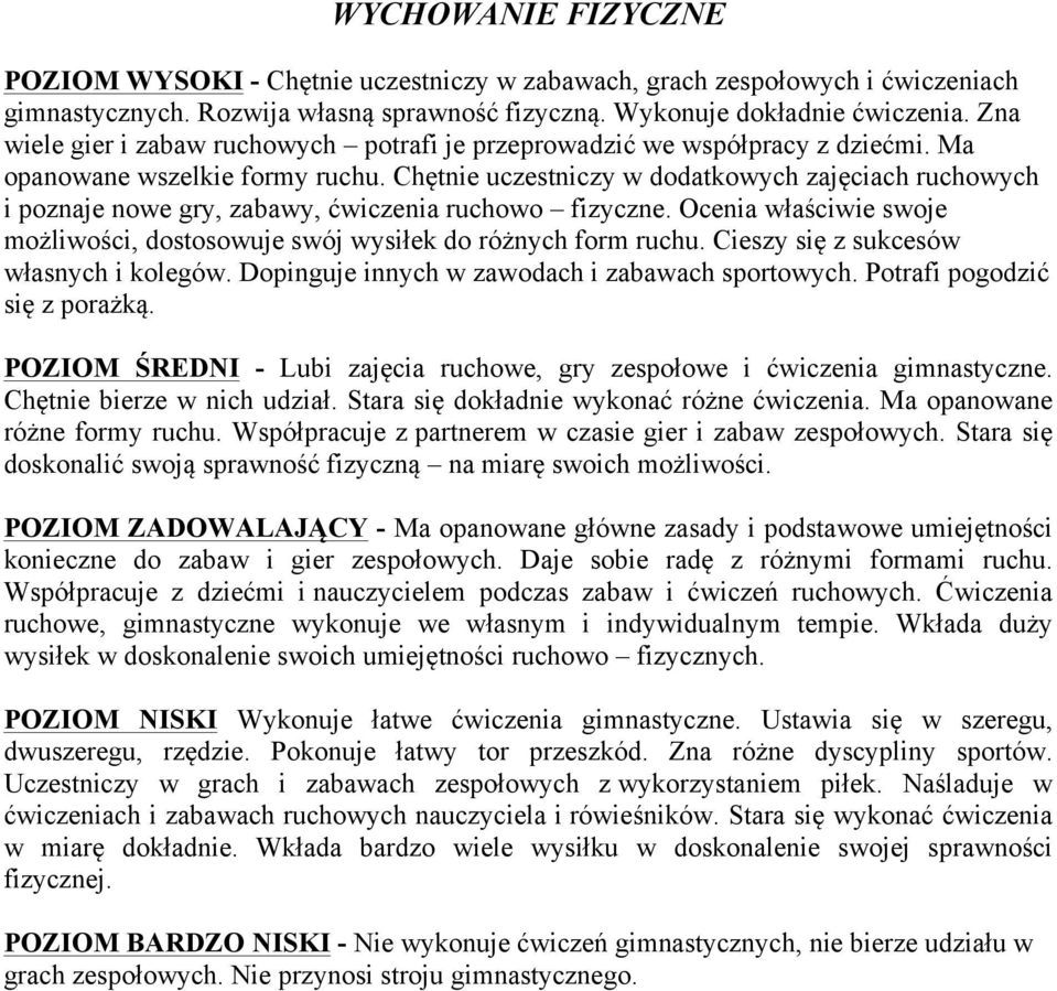 Chętnie uczestniczy w dodatkowych zajęciach ruchowych i poznaje nowe gry, zabawy, ćwiczenia ruchowo fizyczne. Ocenia właściwie swoje możliwości, dostosowuje swój wysiłek do różnych form ruchu.