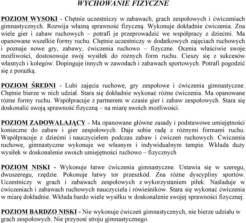 Chętnie uczestniczy w dodatkowych zajęciach ruchowych i poznaje nowe gry, zabawy, ćwiczenia ruchowo fizyczne. Ocenia właściwie swoje możliwości, dostosowuje swój wysiłek do różnych form ruchu.