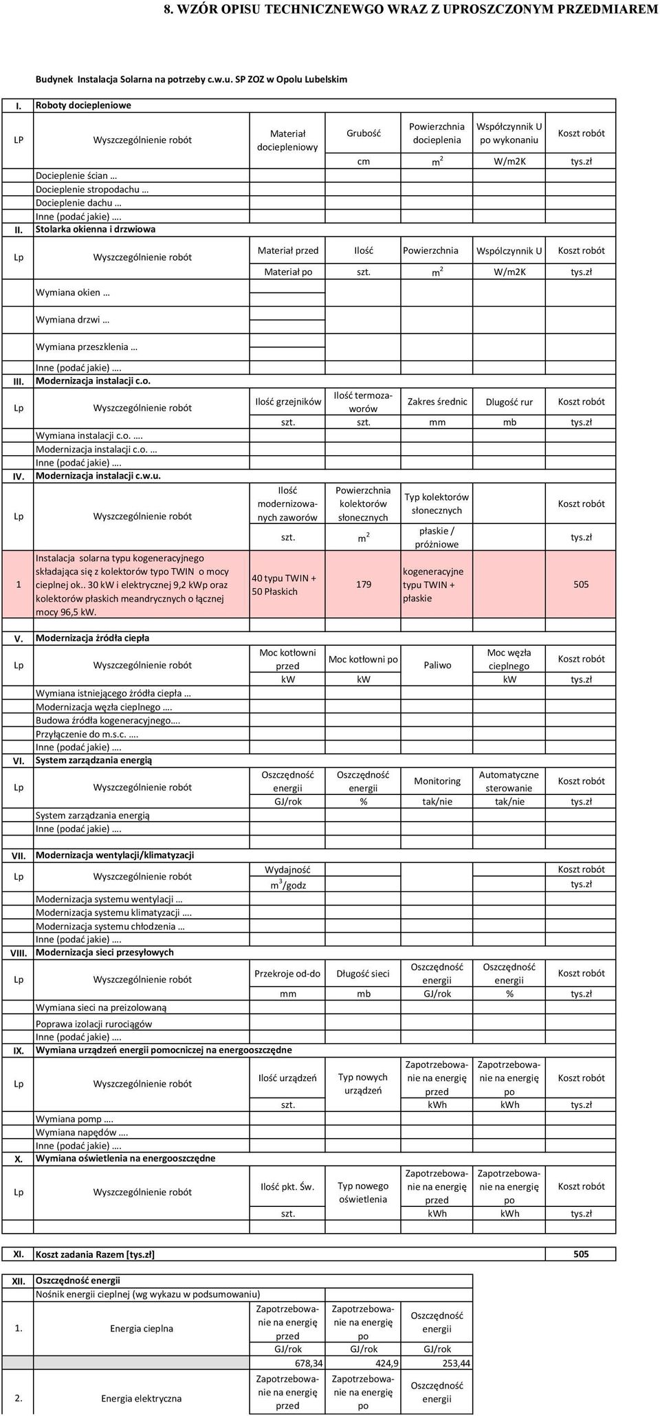 Współczynnik U po wykonaniu cm m 2 W/m2K tys.zł Materiał przed Ilość Powierzchnia Wspólczynnik U Materiał po szt. m 2 W/m2K tys.zł III. IV. 1 Wymiana przeszklenia Modernizacja instalacji c.o. Wymiana instalacji c.