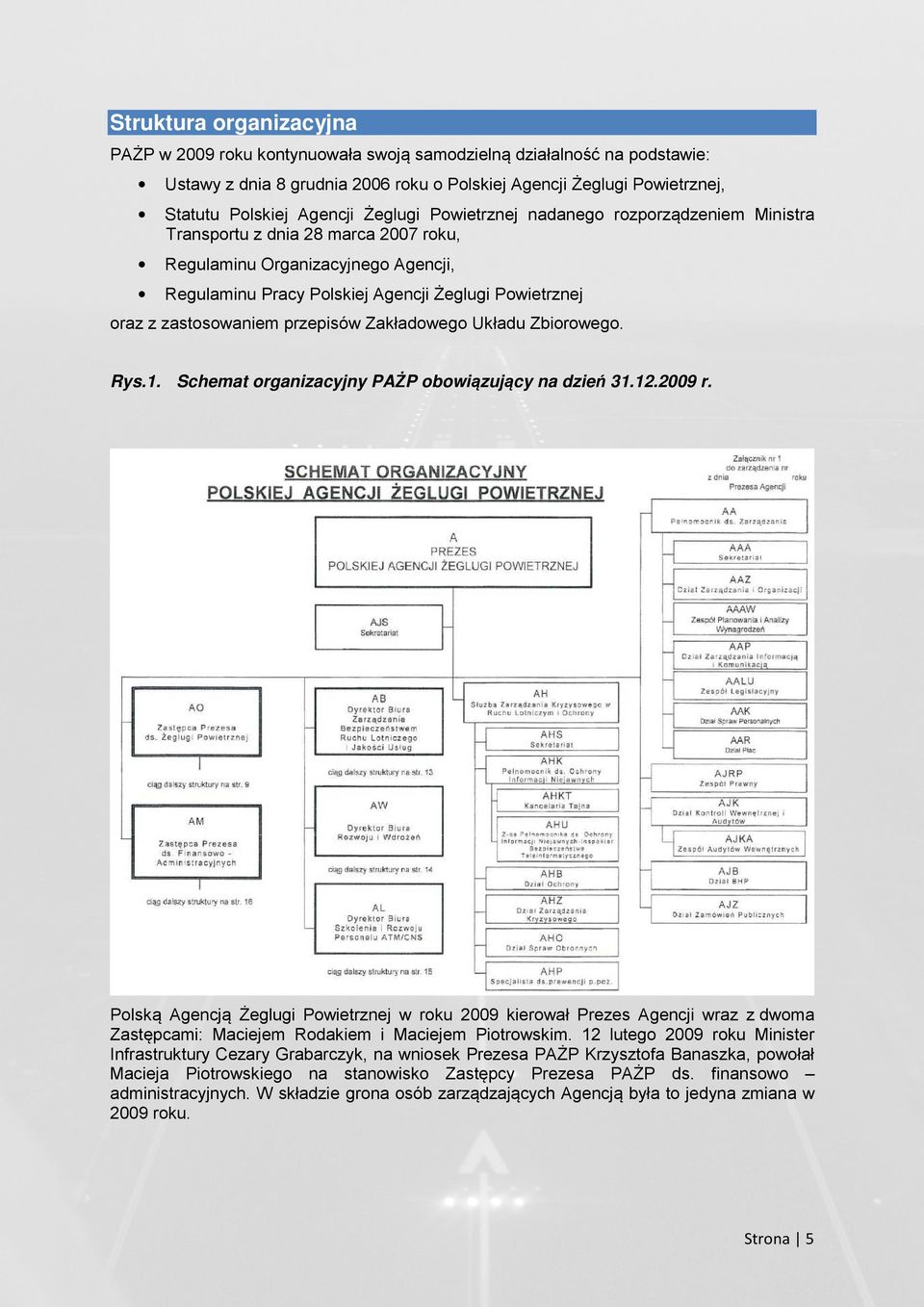 zastosowaniem przepisów Zakładowego Układu Zbiorowego. Rys.1. Schemat organizacyjny PAŻP obowiązujący na dzień 31.12.2009 r.