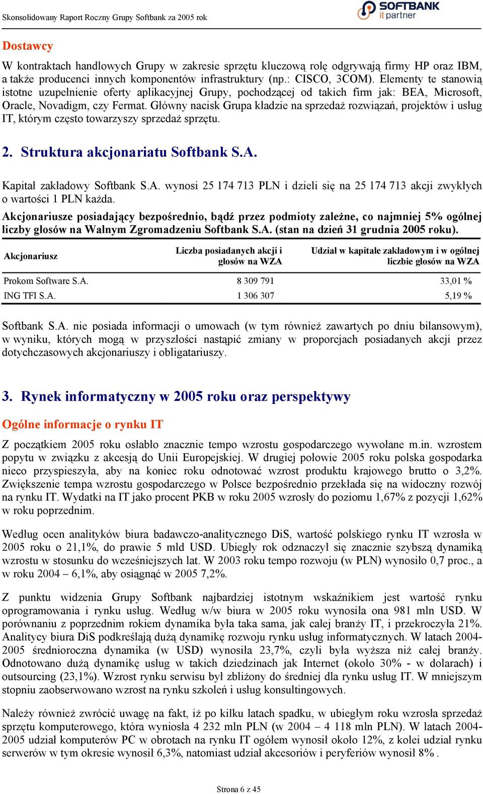 Główny nacisk Grupa kładzie na sprzedaż rozwiązań, projektów i usług IT, którym często towarzyszy sprzedaż sprzętu. 2. Struktura akcjonariatu Softbank S.A.