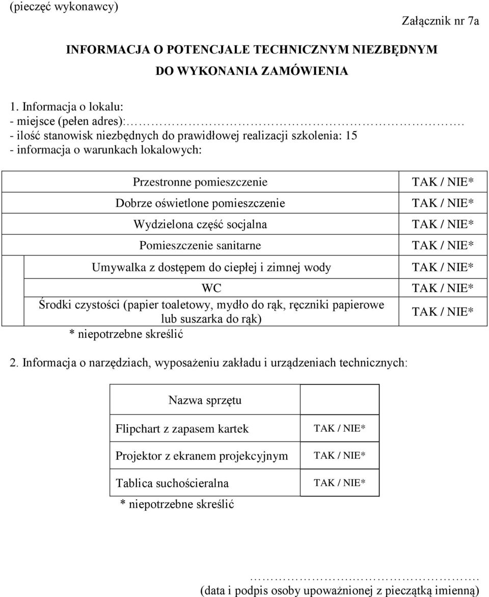 Pomieszczenie sanitarne Umywalka z dostępem do ciepłej i zimnej wody WC Środki czystości (papier toaletowy, mydło do rąk, ręczniki papierowe lub suszarka do rąk) * niepotrzebne skreślić TAK / NIE*