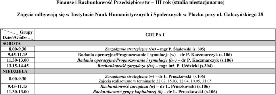 00 Badania operacyjne/prognozowanie i symulacje (ćw) dr P. Kaczmarczyk (s.106) 13.15-14.45 Rachunkowość zarządcza (ćw) mgr inż. P. Uździcki (s.