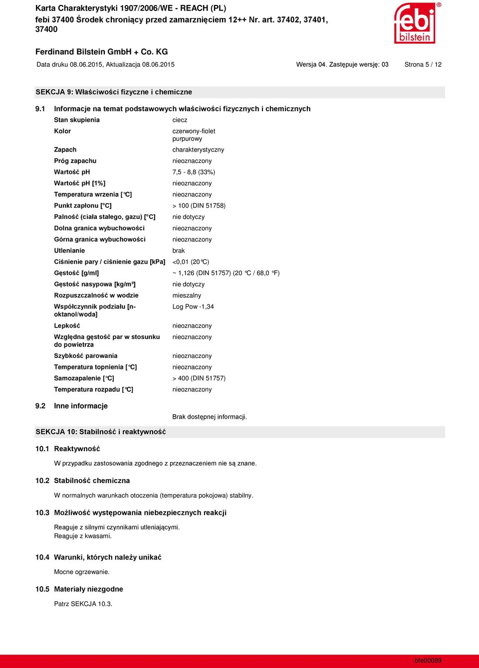 Utlenianie oktanol/woda] do powietrza Temperatura topnienia [ C] nie dotyczy brak <0,01 (20 C) ~ 1,126 (DIN 51757) (20 C / 68,0 F) nie dotyczy