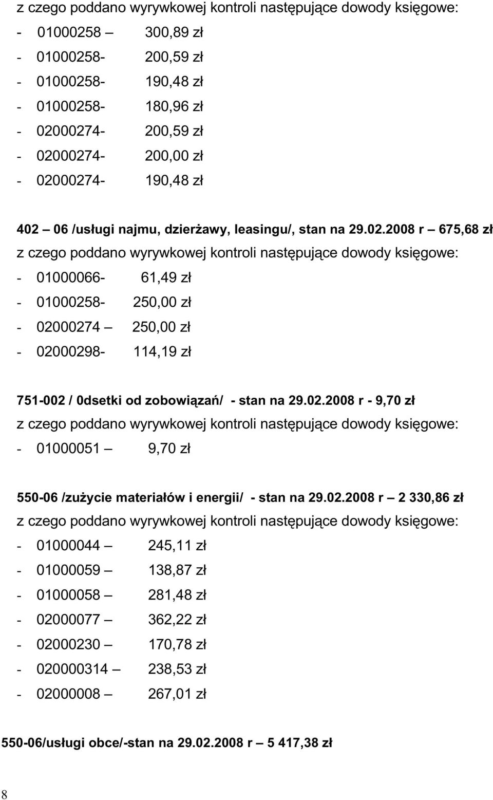 - 02000274 250,00 zł - 02000298-114,19 zł 751-002 / 0dsetki od zobowiązań/ - stan na 29.02.2008 r - 9,70 zł z czego poddano wyrywkowej kontroli następujące dowody księgowe: - 01000051 9,70 zł 550-06 /zuŝycie materiałów i energii/ - stan na 29.