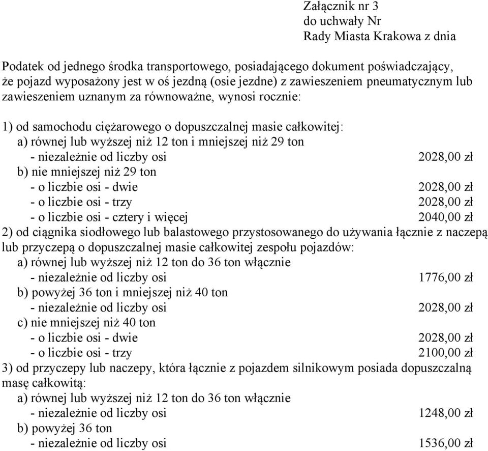 ton - niezależnie od liczby osi 2028,00 zł b) nie mniejszej niż 29 ton - o liczbie osi - dwie 2028,00 zł - o liczbie osi - trzy 2028,00 zł - o liczbie osi - cztery i więcej 2040,00 zł 2) od ciągnika