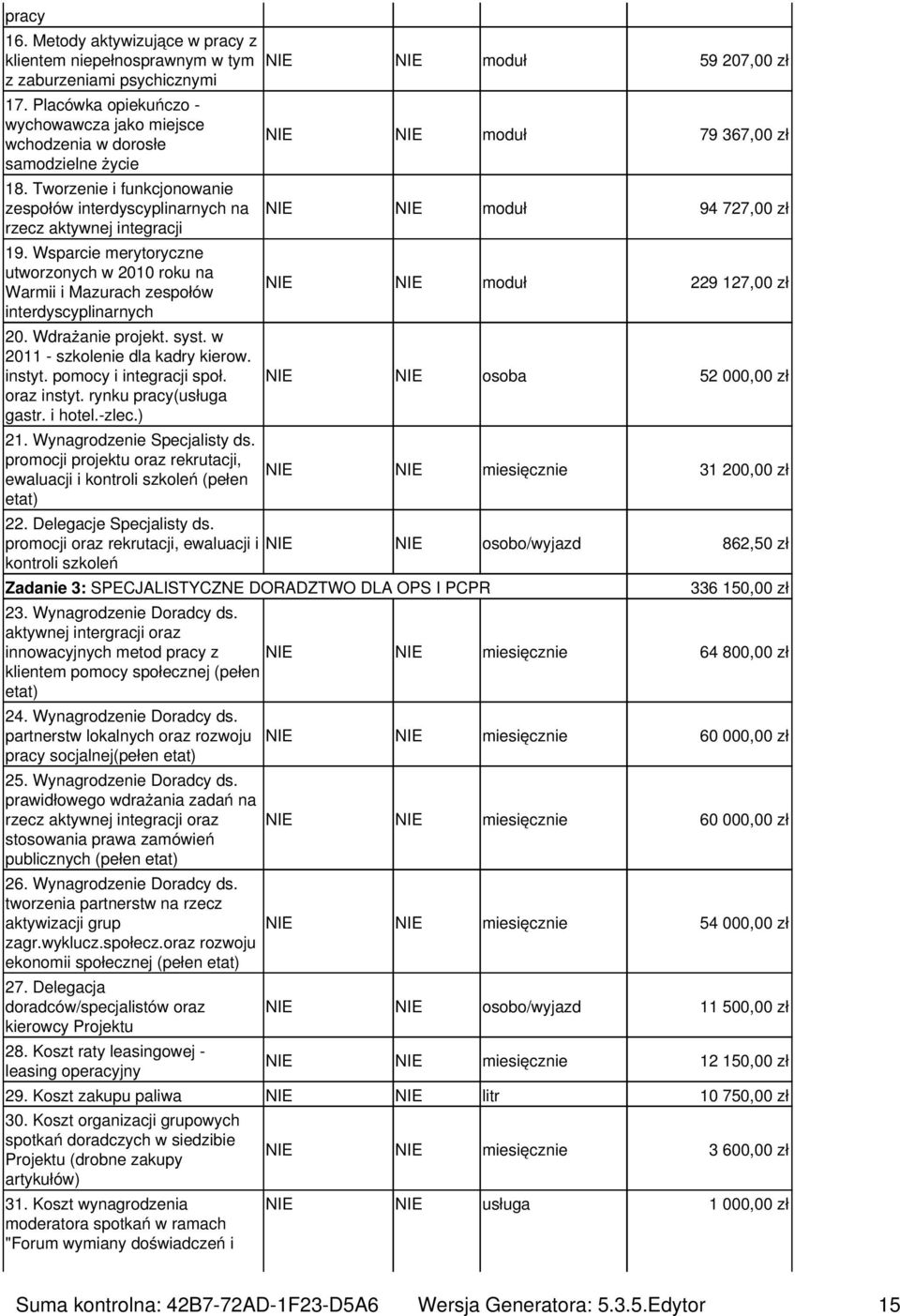 Wdrażanie projekt. syst. w 2011 - szkolenie dla kadry kierow. instyt. pomocy i integracji społ. oraz instyt. rynku pracy(usługa gastr. i hotel.-zlec.) 21. Wynagrodzenie Specjalisty ds.