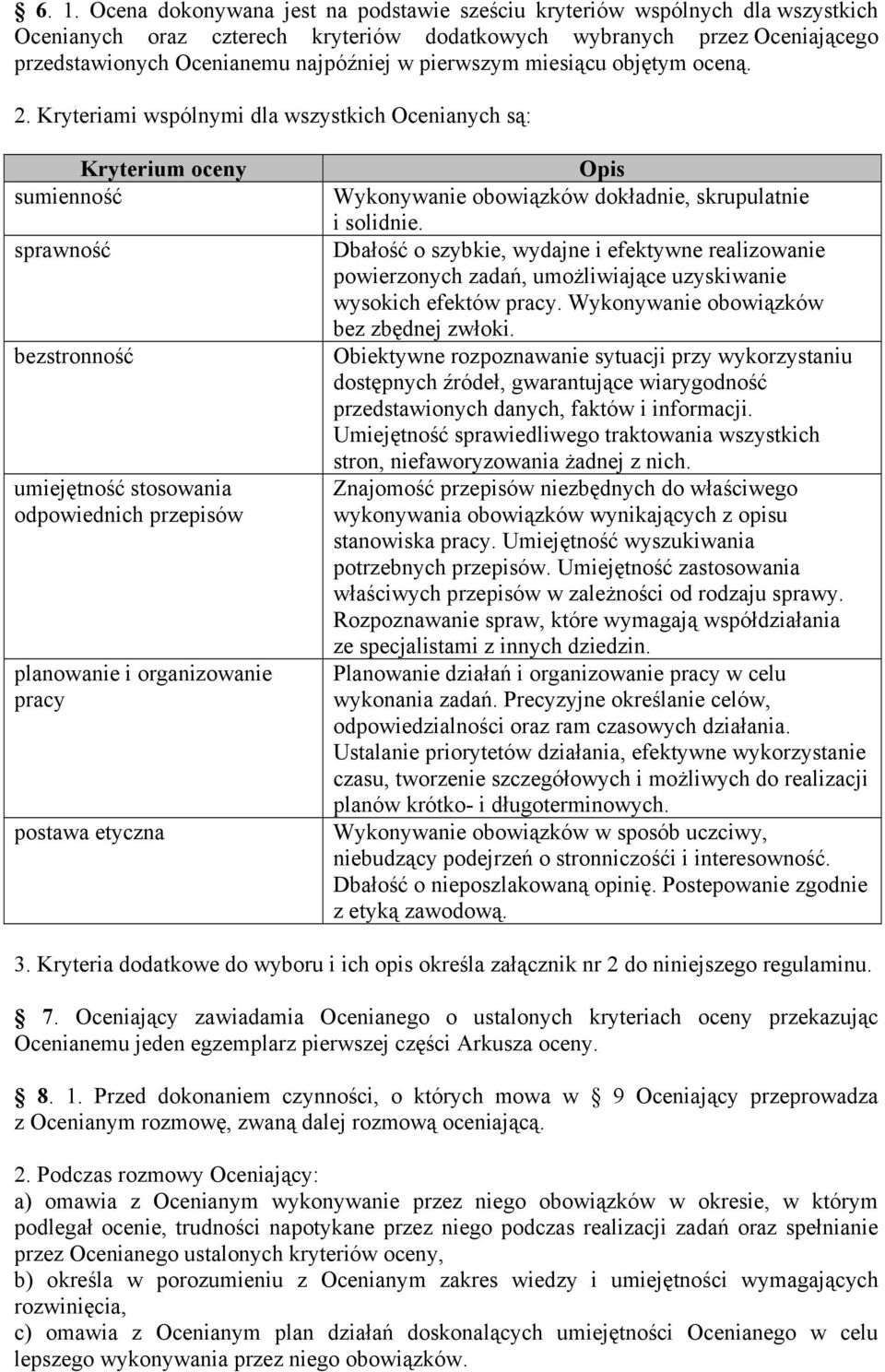 Kryteriami wspólnymi dla wszystkich Ocenianych są: Kryterium oceny sumienność sprawność bezstronność umiejętność stosowania odpowiednich przepisów planowanie i organizowanie pracy postawa etyczna