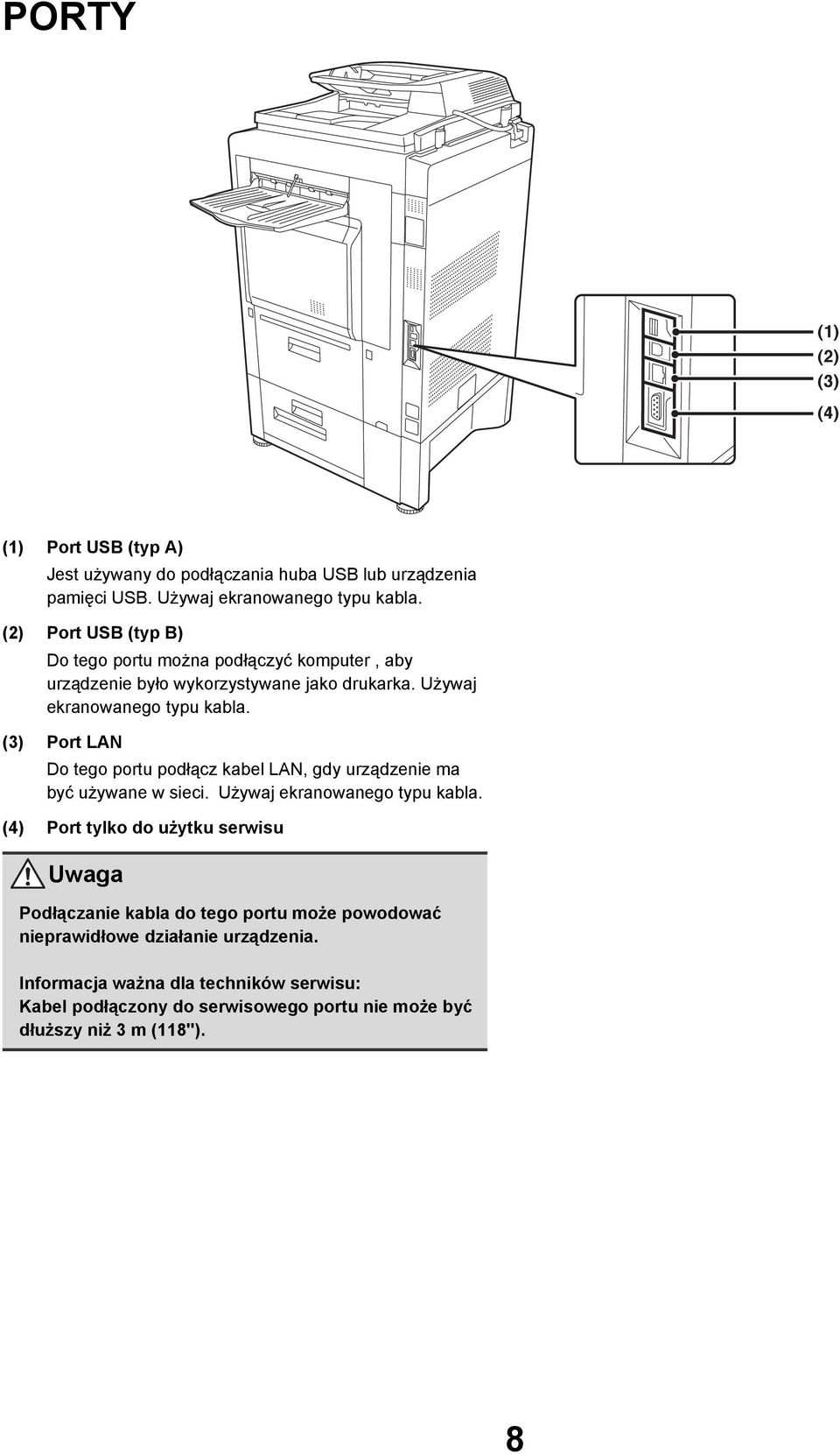 (3) Port LAN Do tego portu podłącz kabel LAN, gdy urządzenie ma być używane w sieci. Używaj ekranowanego typu kabla.