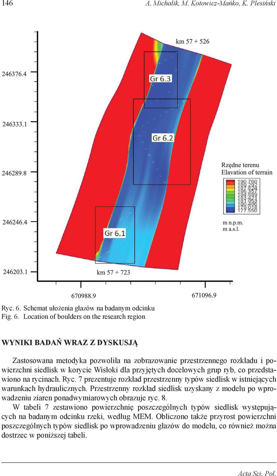 Location of boulders on the research region WYNIKI BADAŃ WRAZ Z DYSKUSJĄ Zastosowana metodyka pozwoliła na zobrazowanie przestrzennego rozkładu i po - wierzchni siedlisk w korycie Wisłoki dla