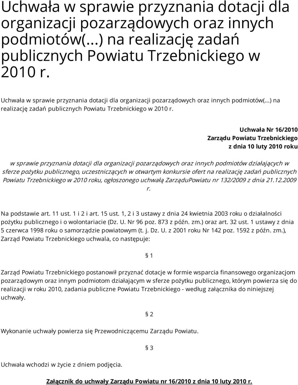 uczestniczących w otwartym konkursie ofert na realizację zadań publicznych Powiatu Trzebnickiego w 2010 roku, ogłoszonego uchwałą ZarząduPowiatu nr 132/2009 z dnia 21.12.2009 r. Na podstawie art.