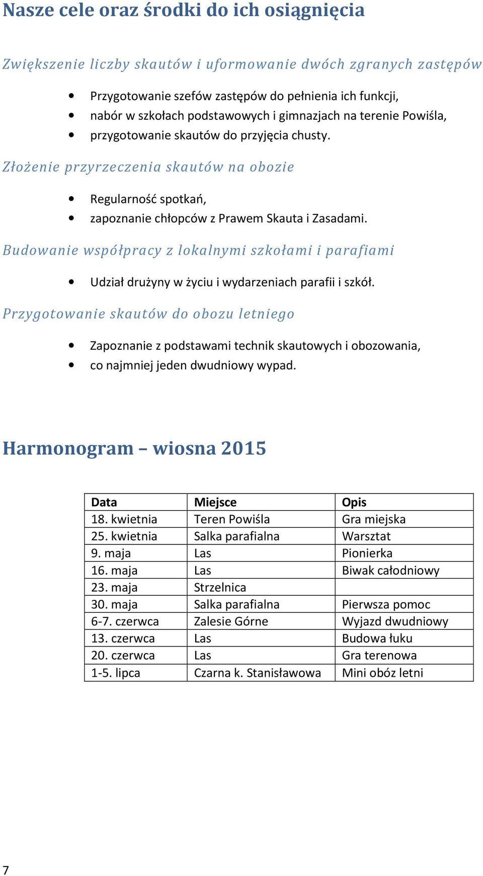 Budowanie współpracy z lokalnymi szkołami i parafiami Udział drużyny w życiu i wydarzeniach parafii i szkół.