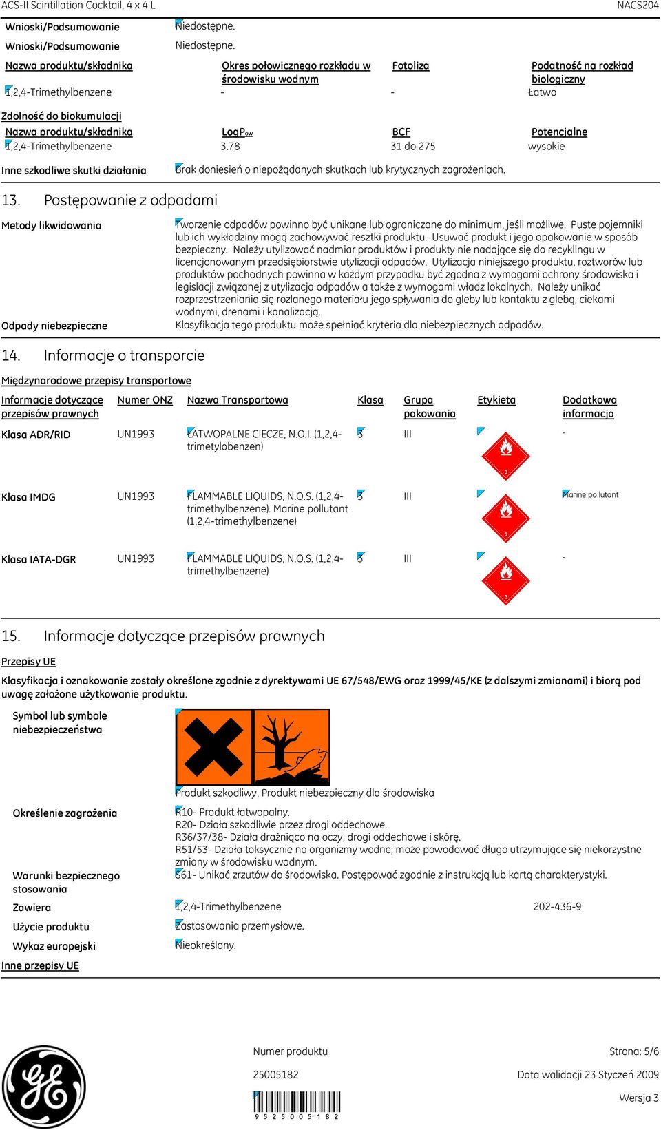 Nazwa produktu/składnika Okres połowicznego rozkładu w Fotoliza Podatność na rozkład środowisku wodnym biologiczny 1,2,4-Trimethylbenzene - - Łatwo Zdolność do biokumulacji Nazwa produktu/składnika