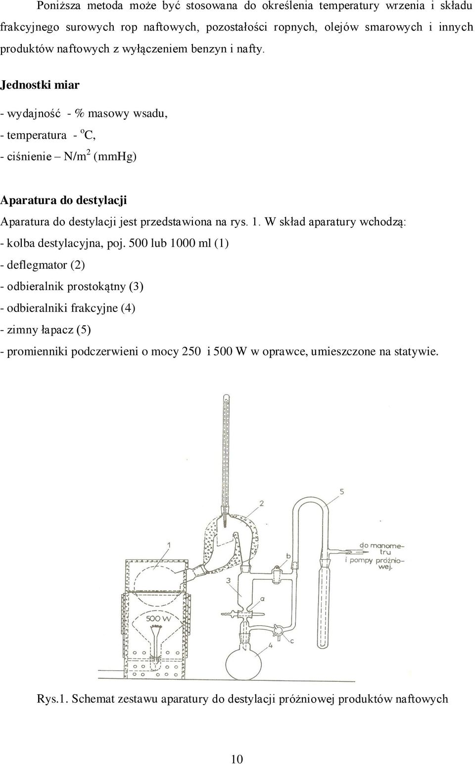 Jednostki miar - wydajność - % masowy wsadu, - temperatura - o C, - ciśnienie N/m 2 (mmhg) Aparatura do destylacji Aparatura do destylacji jest przedstawiona na rys. 1.