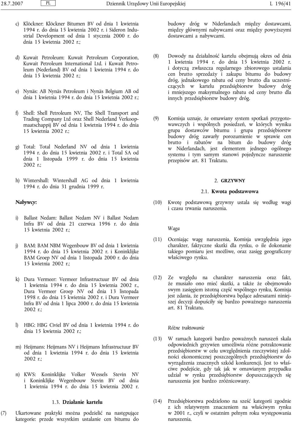 do dnia e) Nynäs: AB Nynäs Petroleum i Nynäs Belgium AB od dnia 1 kwietnia 1994 r. do dnia f) Shell: Shell Petroleum NV, The Shell Transport and BV od dnia 1 kwietnia 1994 r.