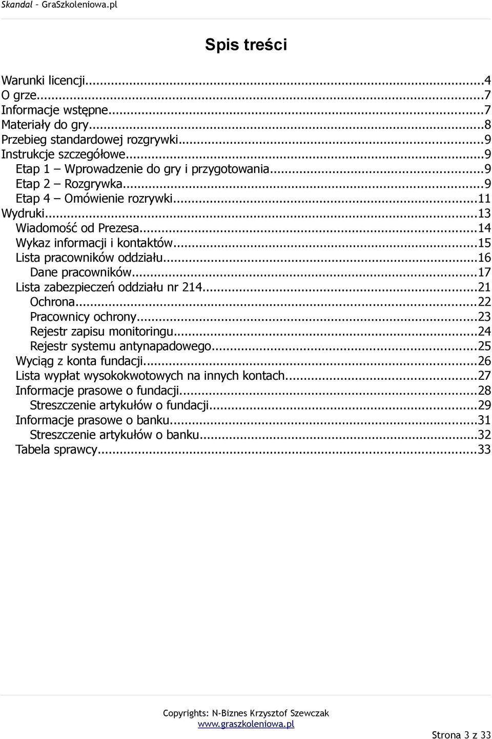 ..17 Lista zabezpieczeń oddziału nr 214...21 Ochrona...22 Pracownicy ochrony...23 Rejestr zapisu monitoringu...24 Rejestr systemu antynapadowego...25 Wyciąg z konta fundacji.