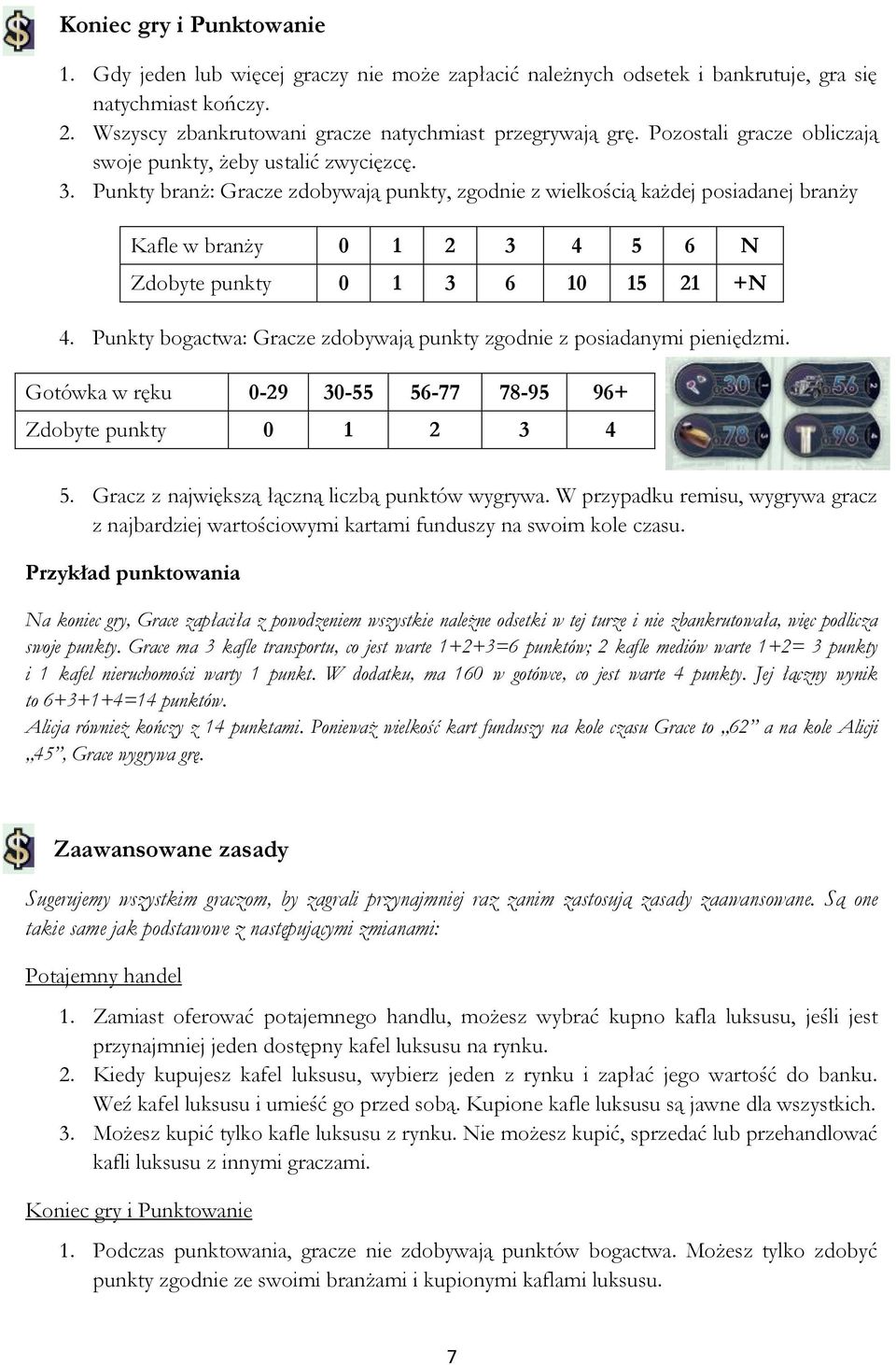 Punkty branż: Gracze zdobywają punkty, zgodnie z wielkością każdej posiadanej branży Kafle w branży 0 1 2 3 4 5 6 N Zdobyte punkty 0 1 3 6 10 15 21 +N 4.