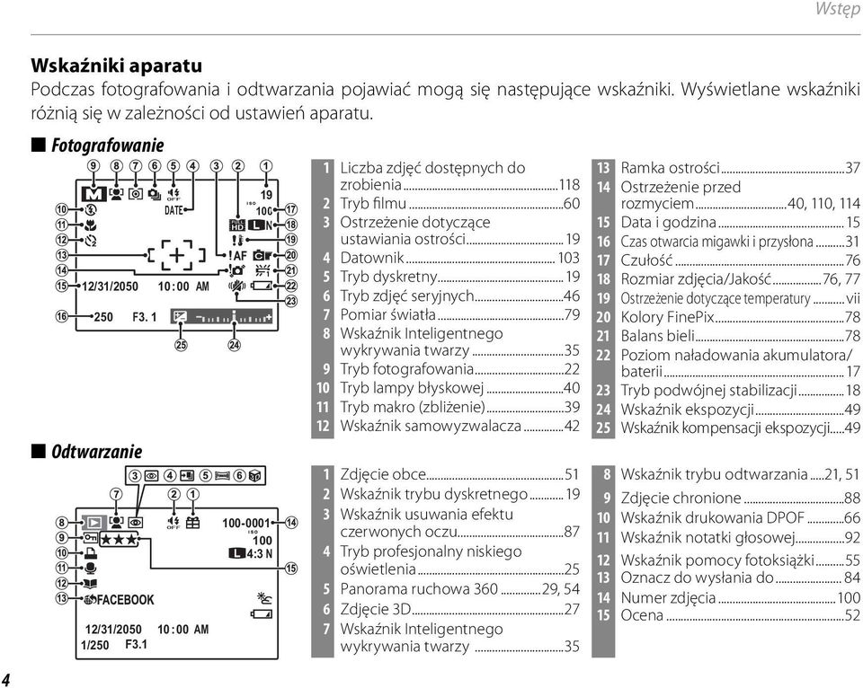 ..60 3 Ostrzeżenie dotyczące ustawiania ostrości...9 4 Datownik...03 5 Tryb dyskretny...9 6 Tryb zdjęć seryjnych...46 7 Pomiar światła...79 8 Wskaźnik Inteligentnego wykrywania twarzy.