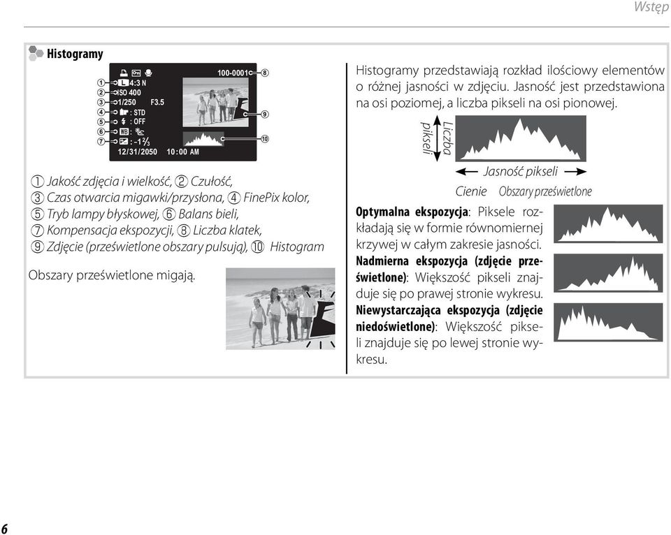 ekspozycji, i Liczba klatek, o Zdjęcie (prześwietlone obszary pulsują),!0 Histogram Obszary prześwietlone migają. Histogramy przedstawiają rozkład ilościowy elementów o różnej jasności w zdjęciu.