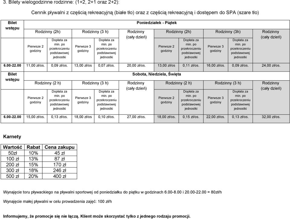 00 11,00 0,09 13,00 zł/os 0,07 20,00 13,00 zł/os 0,11 16,00 0,09 24,00 Bilet wstępu Rodzinny (2 h) Rodzinny (3 h) Rodzinny Rodzinny (2 h) Rodzinny (3 h) Rodzinny 6.00-22.