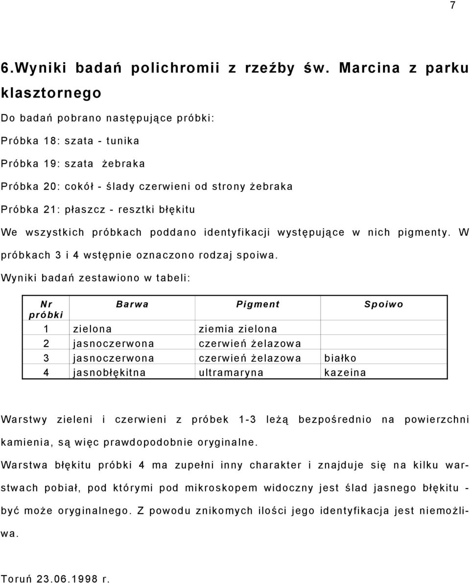 błękitu We wszystkich próbkach poddano identyfikacji występujące w nich pigmenty. W próbkach 3 i 4 wstępnie oznaczono rodzaj spoiwa.