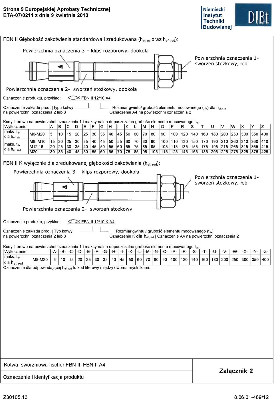 typu kotwy Rozmiar gwintu/ grubość elementu mocowanego (t fix) dla h ef, sta na powierzchni oznaczenia 2 lub 3 Oznaczenie A4 na powierzchni oznaczenia 2 Kody literowe na powierzchni oznaczenia 1 i