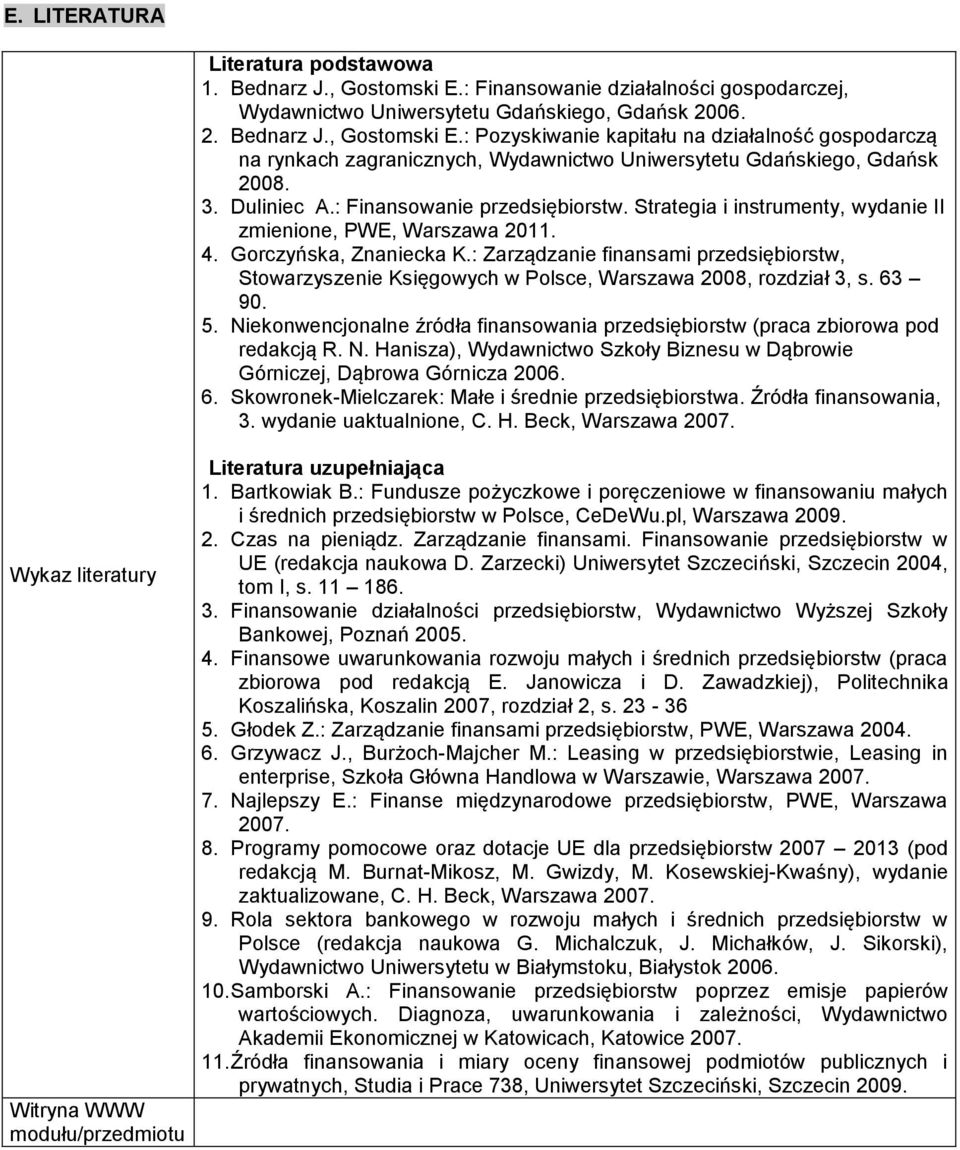 : Pozyskiwanie kapitału na działalność gospodarczą na rynkach zagranicznych, Wydawnictwo Uniwersytetu Gdańskiego, Gdańsk 2008. 3. Duliniec A.: Finansowanie przedsiębiorstw.