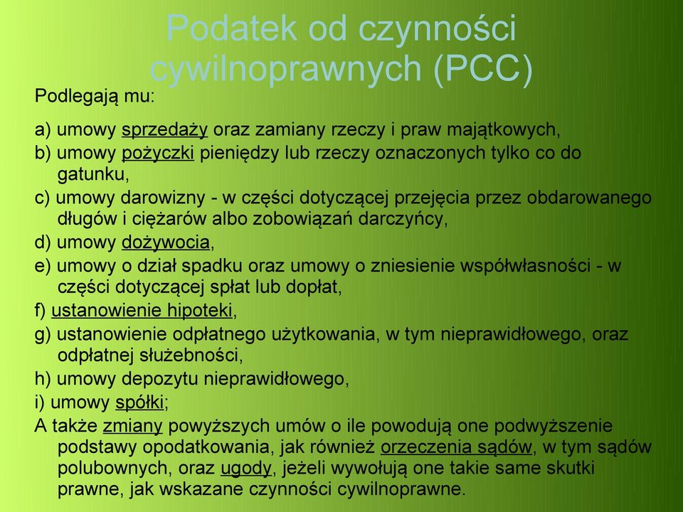 dotyczącej spłat lub dopłat, f) ustanowienie hipoteki, g) ustanowienie odpłatnego użytkowania, w tym nieprawidłowego, oraz odpłatnej służebności, h) umowy depozytu nieprawidłowego, i) umowy spółki; A