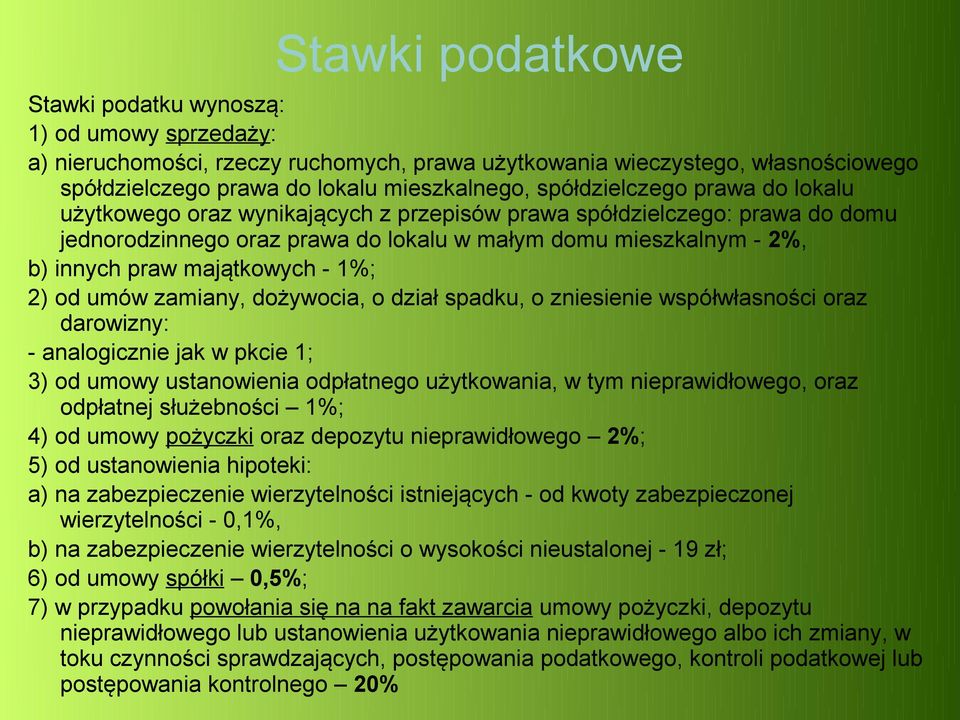 majątkowych - 1%; 2) od umów zamiany, dożywocia, o dział spadku, o zniesienie współwłasności oraz darowizny: - analogicznie jak w pkcie 1; 3) od umowy ustanowienia odpłatnego użytkowania, w tym