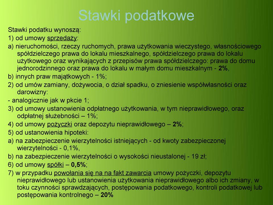 majątkowych - 1%; 2) od umów zamiany, dożywocia, o dział spadku, o zniesienie współwłasności oraz darowizny: - analogicznie jak w pkcie 1; 3) od umowy ustanowienia odpłatnego użytkowania, w tym