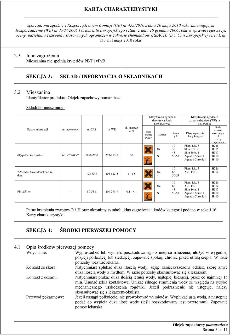 masowy w % (R)pMenta1,8dien 601029007 5989275 2278135 50 Znak ostrzeg awczy Klasyfikacja zgodna z dyrektywą Rady 67/548/EWG Xi N Symbol Zwrot y R 10 38 43 5053 Klasyfikacja zgodna z rozporządzeniem