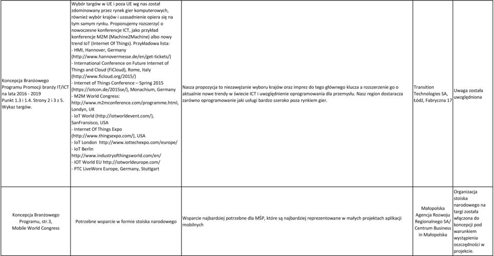 Proponujemy rozszerzyć o nowoczesne konferencje ICT, jako przykład konferencje M2M (Machine2Machine) albo nowy trend IoT (Internet Of Things). Przykładowa lista: - HMI, Hannover, Germany (http://www.