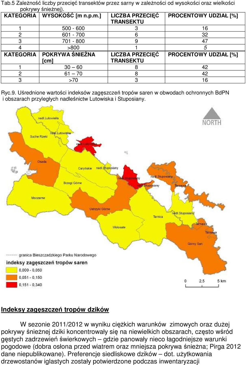 ] LICZBA PRZECIĘĆ PROCENTOWY UDZIAŁ [%] TRANSEKTU 1 500-600 3 16 2 601-700 6 32 3 701-800 9 47 4 >800 1 5 KATEGORIA POKRYWA ŚNIEśNA LICZBA PRZECIĘĆ PROCENTOWY UDZIAŁ [%] [cm] TRANSEKTU 1 30 60 8 42 2