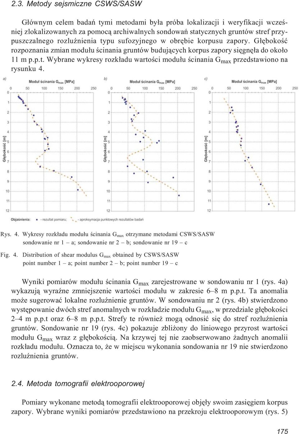 Rys. 4. Wykresy rozk³adu modu³u œcinania G max otrzymane metodami CSWS/SASW sondowanie nr 1 a; sondowanie nr 2 b; sondowanie nr 19 c Fig. 4. Distribution of shear modulus G max obtained by CSWS/SASW point number 1 a; point number 2 b; point number 19 c Wyniki pomiarów modu³u œcinania G max zarejestrowane w sondowaniu nr 1 (rys.