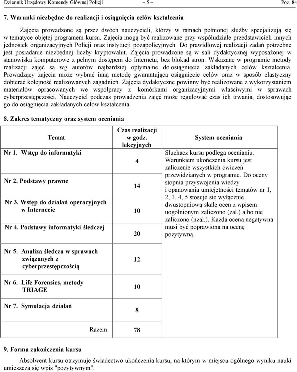 Zajęcia mogą być realizowane przy współudziale przedstawicieli innych jednostek organizacyjnych Policji oraz instytucji pozapolicyjnych.